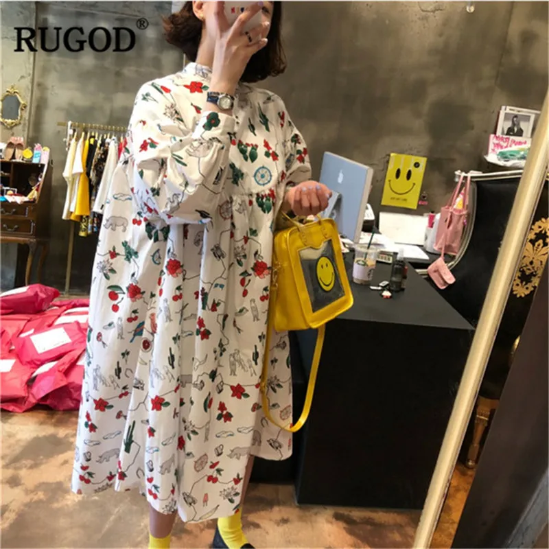 

RUGOD New summer women dress long Sleeve floral print loose Tunic female lantern cuff dress women clothing Vestidos