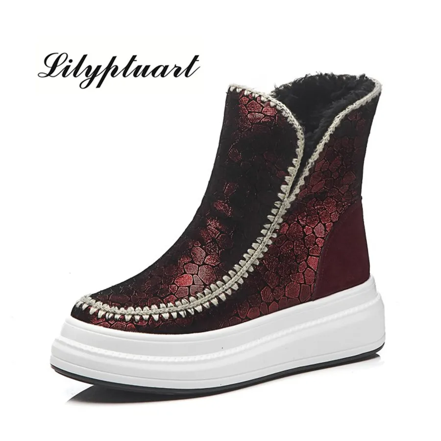 

2019 new European and American style cow suede material sequins decorative booties round head muffin soles warm snow boots