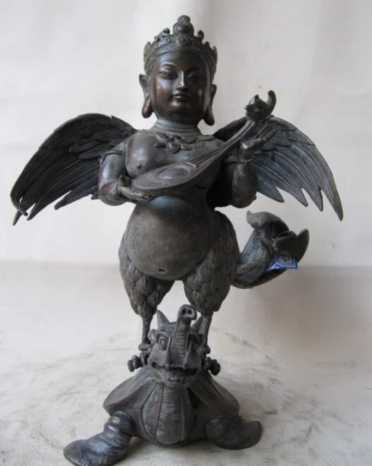 

fast shipping USPS to USA S2618 China Folk fane pure bronze Copper lute Lei Gong Ride on tortoise Buddha Statue