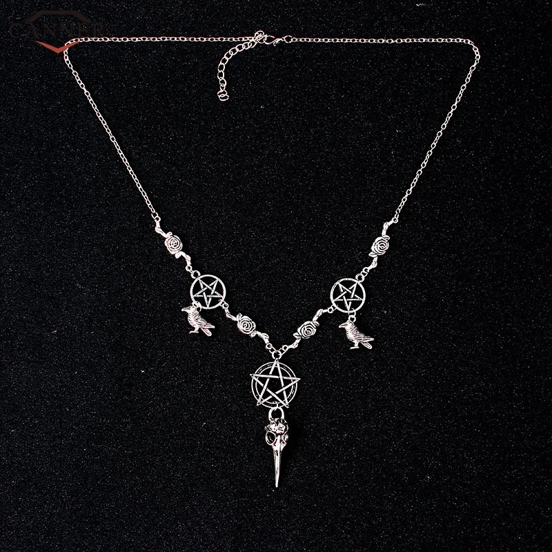 

Gothic Pentagram Necklaces Pendants Silver Color Chain Long Necklace Women Vintage Jewelry Animal Bird Frog Star Necklace H30
