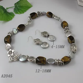 

Unique Pearls jewellery Store,Gray Coin Pearls Tiger Eye Stone Tible Silver Necklace 925 Silver Dangle Earrings Jewelry Set