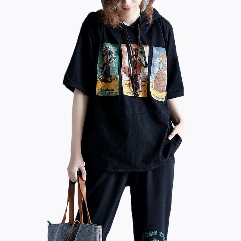 

2018 Summer personality print two piece sets womens casual loose sportswear suits female loose hooded short t-shirts+pants sets