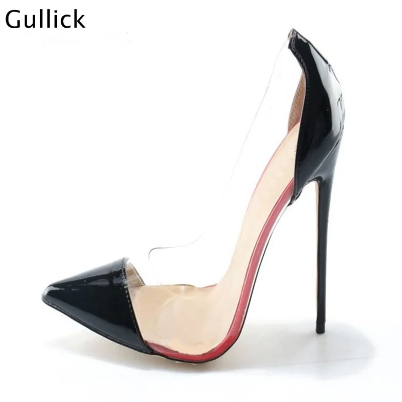 

Chgeap Price Black Thin High Heels Woman Stilleto Pumps Transparent PVC Patchwork Shoes Pointed Toe Woman Party Dress Shoes
