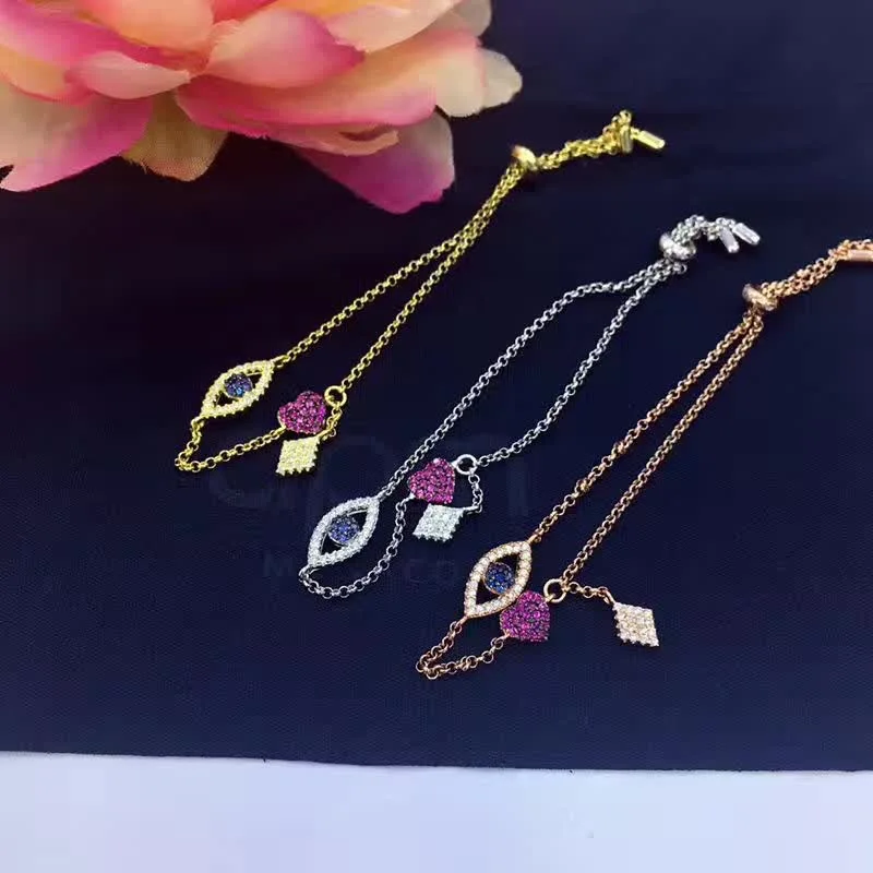 

100% 925 Sterling Silver lucky Charm Bracelet With pink heart evil eyes Crystal CZ for Men Women Girl Boys Trendy Jewelry