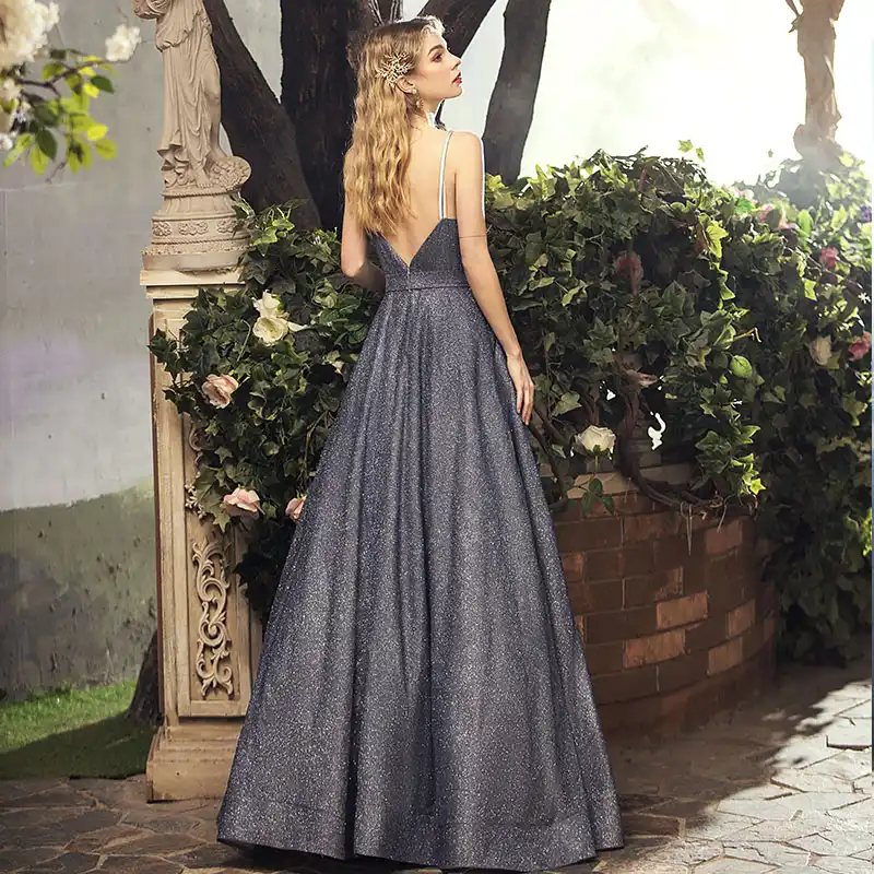 steel grey evening gown