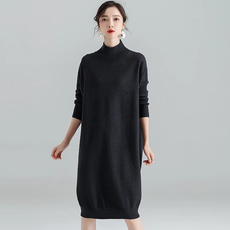 Женское осеннее Новое модное платье-свитер, однотонный длинный свитер с высоким воротом, свободное вязаное платье, пуловеры