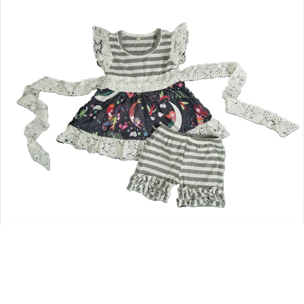 

Summer Girl Set Short Sleeve Round Neck Lace Belt Striped Lotus Leaf Lace Shorts Set