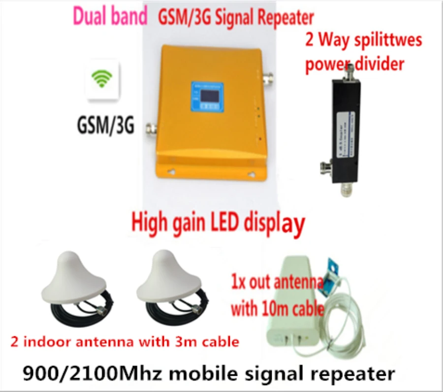 

Cover 2 ROOM GSM 900 WCDMA 3G 2100 Signal Repeater Cell Phone Signal Booster Full Set Log Periodic Antenna With Celling Antenna