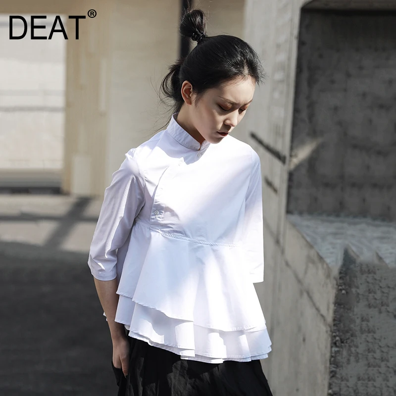

[DEAT] 2019 New Spring Summer Stand Collar Half Sleeve White Double Layers Ruffles Loose Shirt Women Blouse Fashion Tide JR39