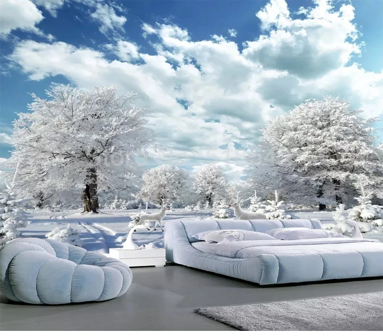 Фотообои на заказ с изображением леса большого дерева, белого оленя, зимнего снега, пейзажа, 3D фото обои для гостиной, спальни, фоновая Роспись стен
