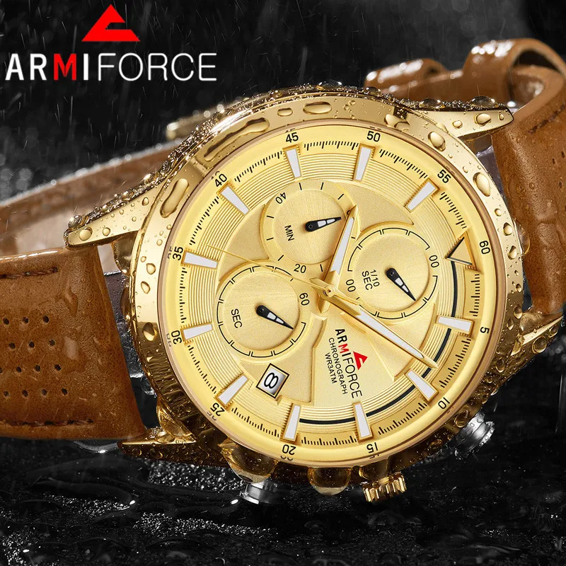 Часы хронограф Armiforce мужские спортивные брендовые роскошные золотистые наручные