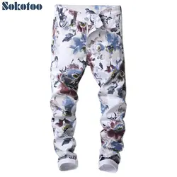 Sokotoo Для мужчин Мужская мода slim fit цветок 3D джинсы с принтом цветочный узор печати узкие стрейч джинсы
