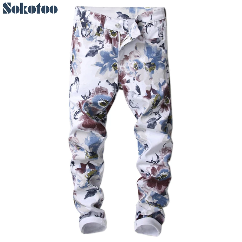 

Sokotoo Men's fashion slim fit flower 3D printed jeans Floral pattern print skinny stretch denim pants