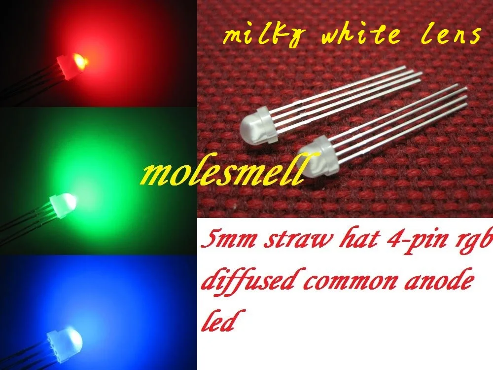 

1000pcs 5mm Straw Hat 4-Pin diffused Tri-Color RGB Common Anode Red Green Blue LED Leds milky white led lens lamp