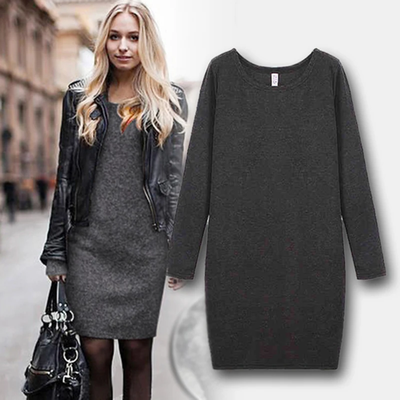 

Autumn Solid Women Dress Plus Size Long Sleeve Fleece Casual Mini Pullovers Dress Female Slim Elegant Autumn Winter Black Gray