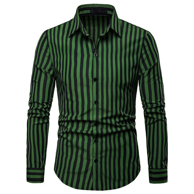 Mens Plaid Large Size Casual Business Striped Casual Lapel Long-Sleeved Shirt