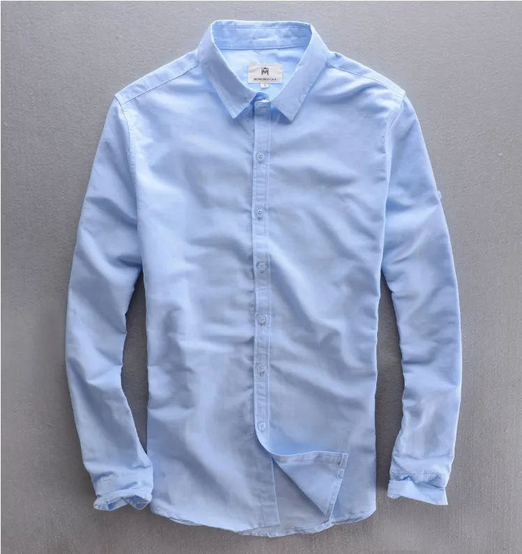 Горячая распродажа, модная Мужская льняная рубашка, брендовая однотонная Повседневная рубашка с длинным рукавом, с отложным воротником, мужская рубашка, плюс размер 4XL - Цвет: sky blue