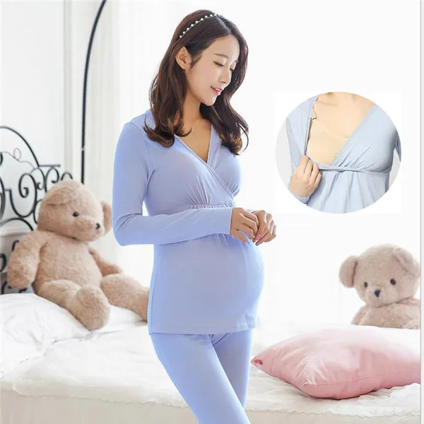 Грудное вскармливание Пижама для кормления грудью, одежда для сна для женщин по беременности и родам пижамный комплект ночное белье Одежда для беременных женщин - Цвет: Небесно-голубой