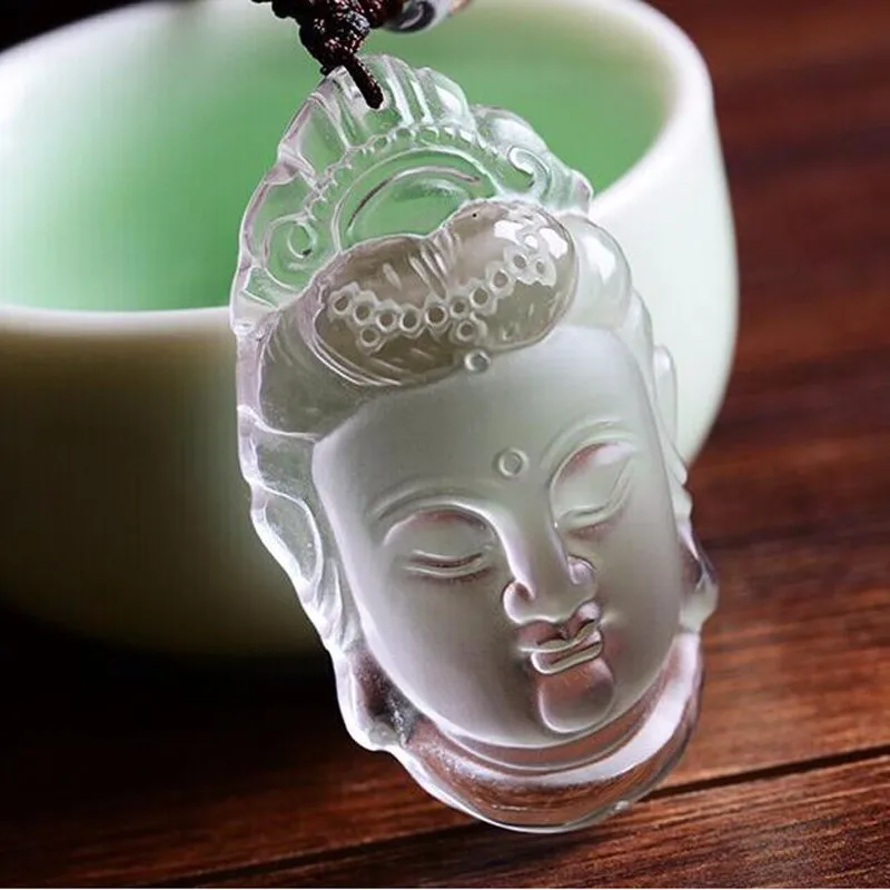 

pure natural white crystal carved Guanyin PENDANT MENS WHITE CRYSTAL PENDANT head Buddha Amulet free round beads rope