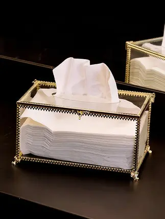 

European Rectangular Glass Metal Tissue Box Living Room Home Dining Table Hotel KTV Paper Towel Storage Box Decorative accessori