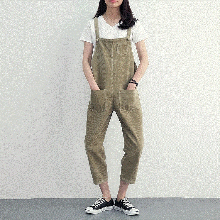 Комбинезоны женские вельветовые однотонные простые трендовые универсальные студенческие женские свободные повседневные брюки с карманами, милые, в Корейском стиле