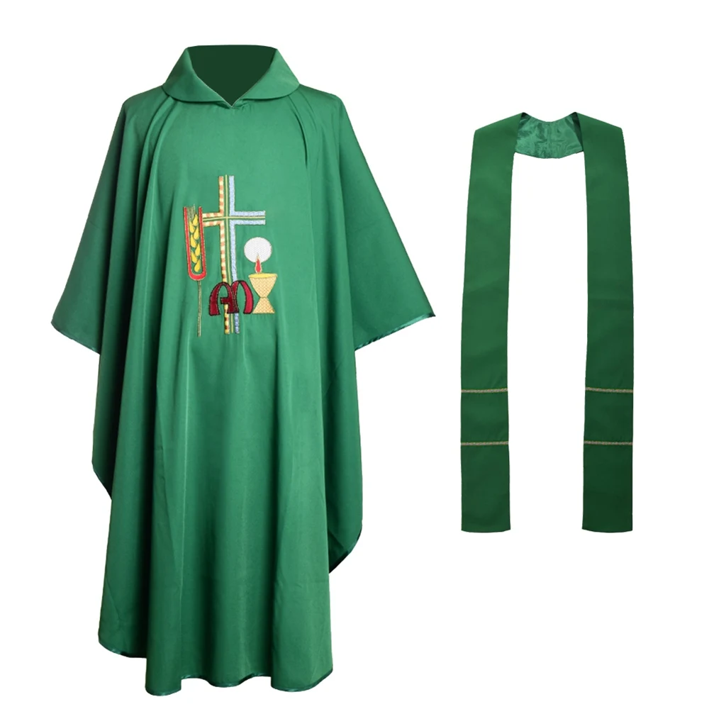 Зеленый церковный костюм с вышивкой в виде пшеницы, костюм христианского креста