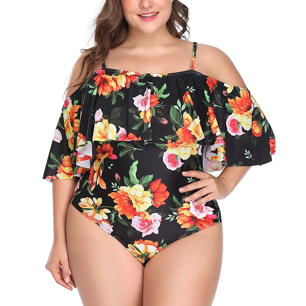

SAGACE Swimwear Women Feather Printed Open Shoulder Large Size Leaf Ruffle One Piece Swimsuit Plus Size Bodysuit S-2XL