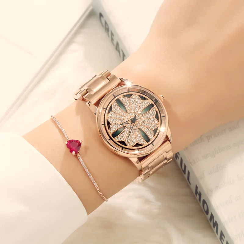 

2018 New Fashion Luxury Ladies Crystal Rotation Watch Women Rose Gold Stainless Steel Dress Watches Female Quartz Wristwatches