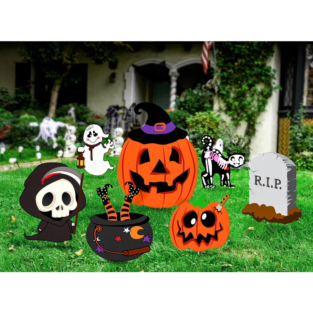UNOMOR 7Pcs Halloween Yard Stakes Set Outdoor Lawn Decorations Garden