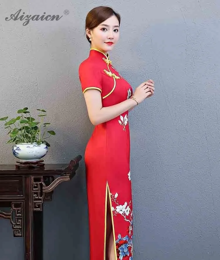 2019 Весна Чонсам в ретростиле длинные платья с принтом красный китайское традиционное платье Qipao Восточный вечер вечерние платье Розовая