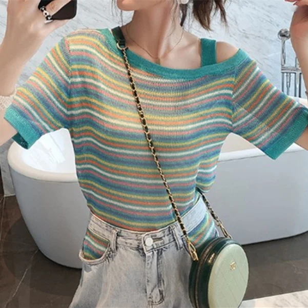 

Summer Tops for Women 2019 Rainbow Striped Skew Collar Off Shoulder Short Sleeve Knitted Top Knitwear T-shirt Green Orange T323