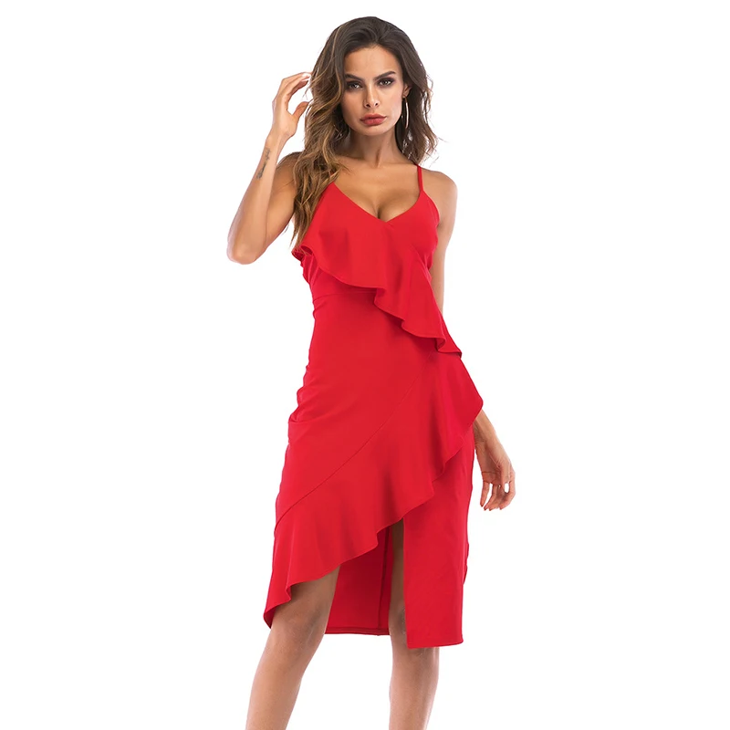 ShejoinSheenjoy Irregular Ruffles V-Neck Summer Dress Autumn Spaghetti Strap Split Backless Sexy Women Midi Dress Clothing (4)