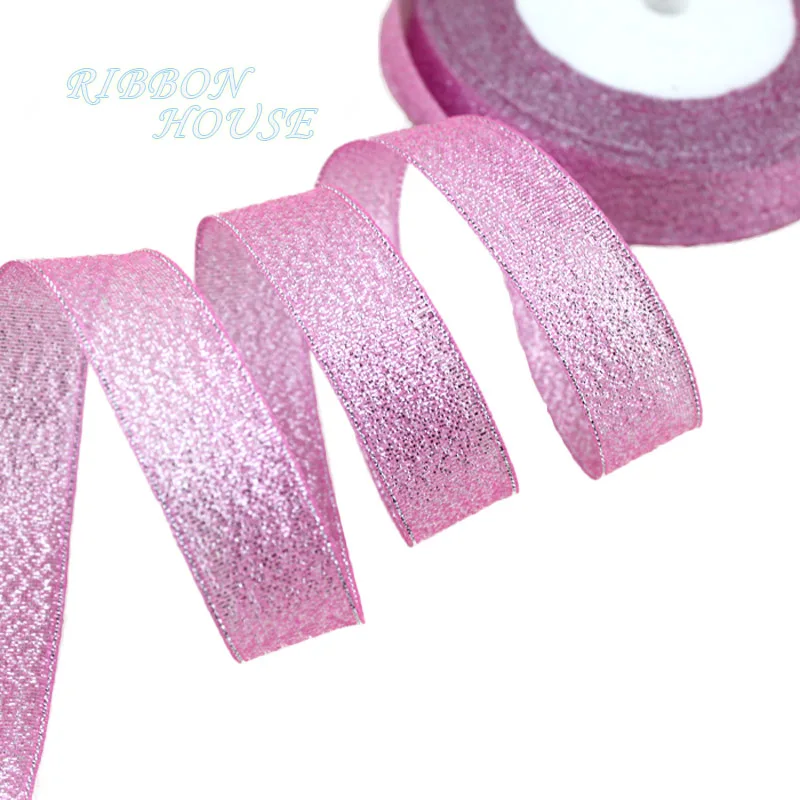 25 ярдов/рулон) 1 ''(25 мм) розовая лента с металлическими блестками цветная подарочная упаковка ленты - Цвет: Розовый
