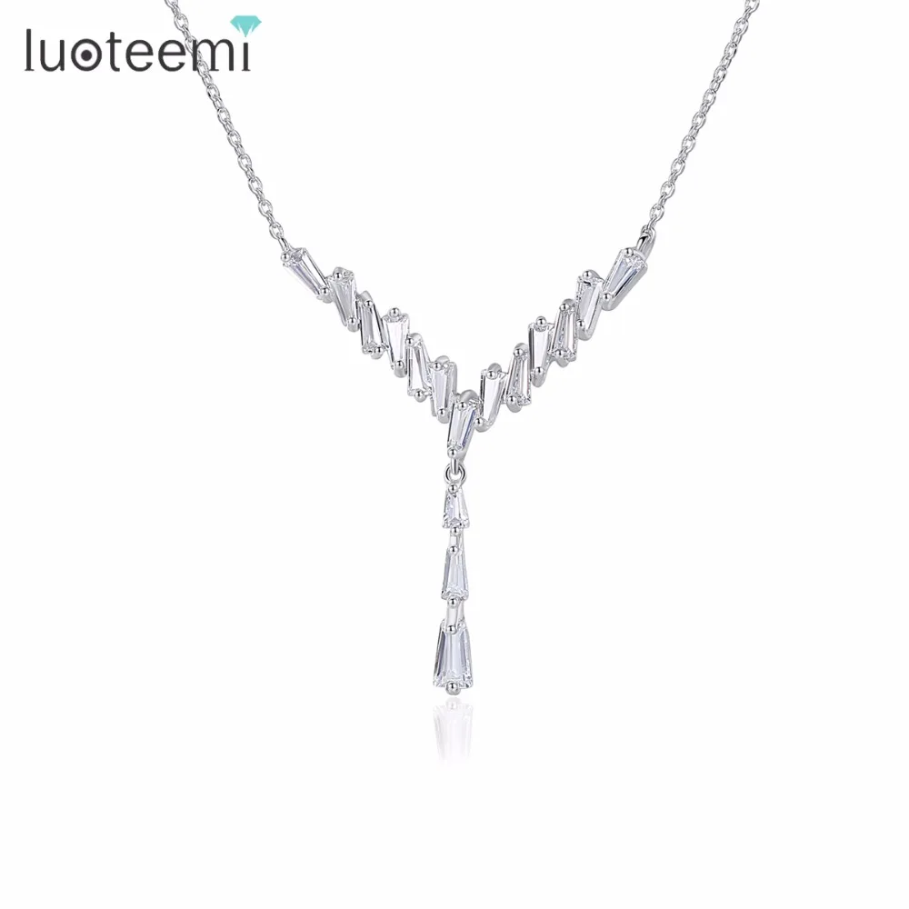 

LUOTEEMI Silver Color Geometric Luxury Clear Crystal Cubic Zircon Stone Choker Bridal Necklace For Women Wedding Jewelry Collar