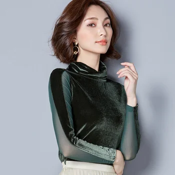 

2019 Autumn Winter Women Turtleneck Full Sleeve Velour Patchwork Mesh Tee Shirts Girls High Quality Velvet Tops Tees T shirts
