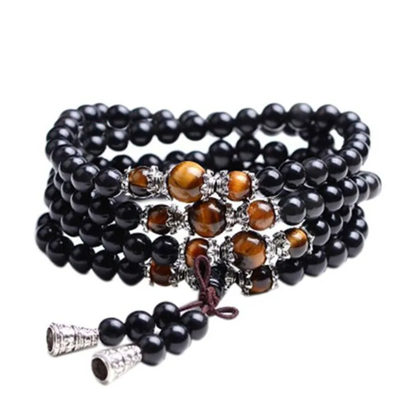 

Fatpig 2019 Fashion Black Color Tiger Eyes Crystal Tibet Buddhist Buddha Meditation 108 Prayer Bead Mala Bracelet/Necklace