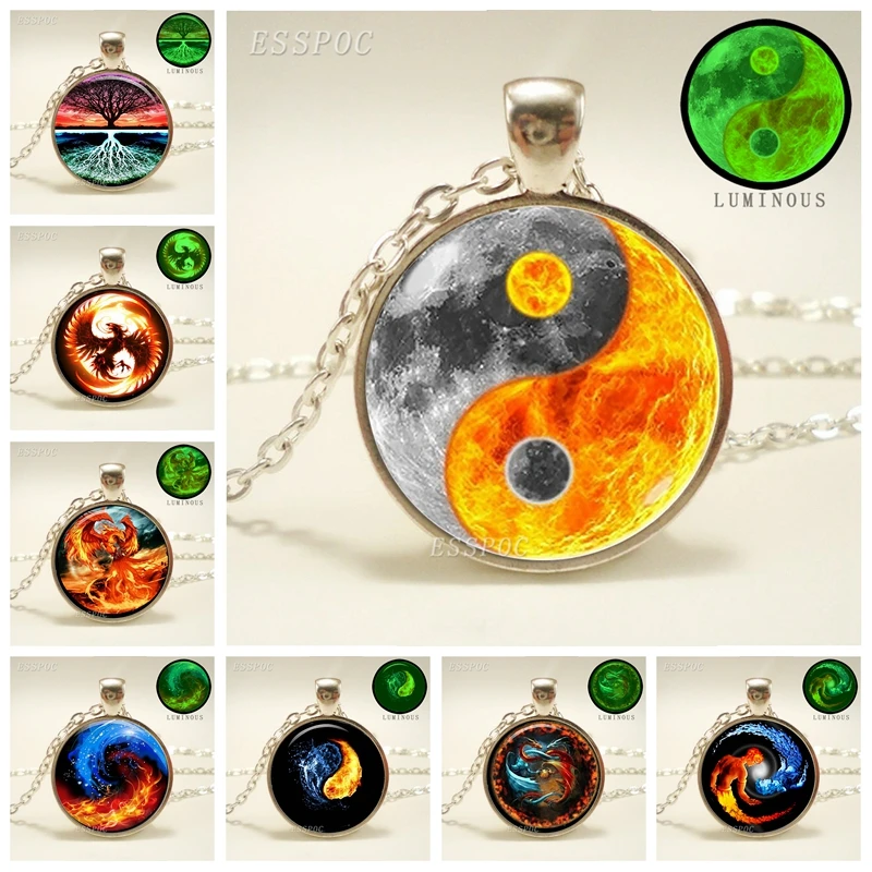 

Glowing Yin Yang Necklace Phoenix Glass Dome Pendant Tree of Life Silver Plated Chain Necklace Glow In The Dark Yin Yang Jewelry