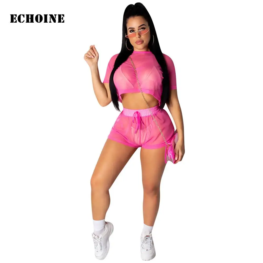 

Sheer Mesh 2 Piece set Transparent Sexy Shorts Set Club Outfits Crop Top and Shorts Women Streetwear Shorts Suits Women