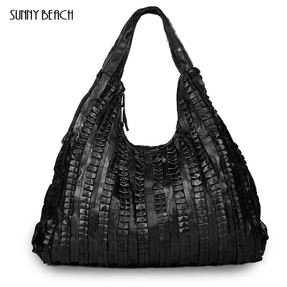 

SUNNY BEACH Famous brand Retro Sheepskin women handbag Stitching folded dermis with shoulder bag with large tote bag