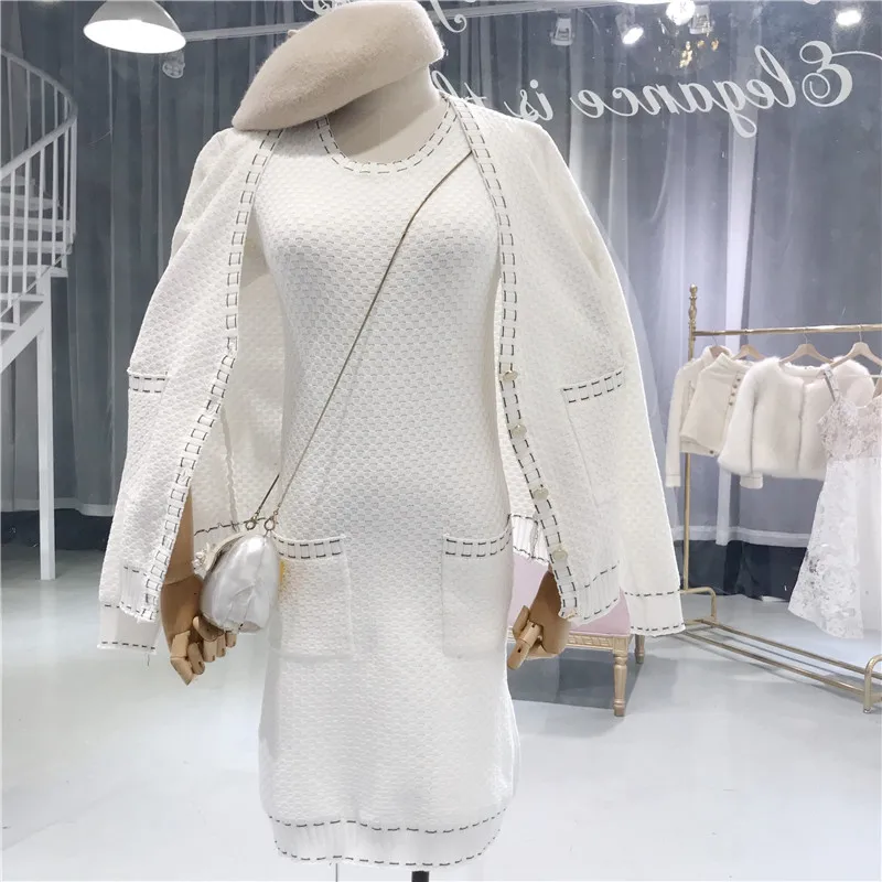 ALPHALMODA Autumn Winter Elegant Knitted Cardigans+ Short-sleeved Knit Dress Women OL Casual Suits