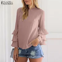 ZANZEA Women Blouses Shirts 2017 Autumn Elegant Ladies O-Neck Flounce Long Sleeve Solid Blusas Casual Loose Tops