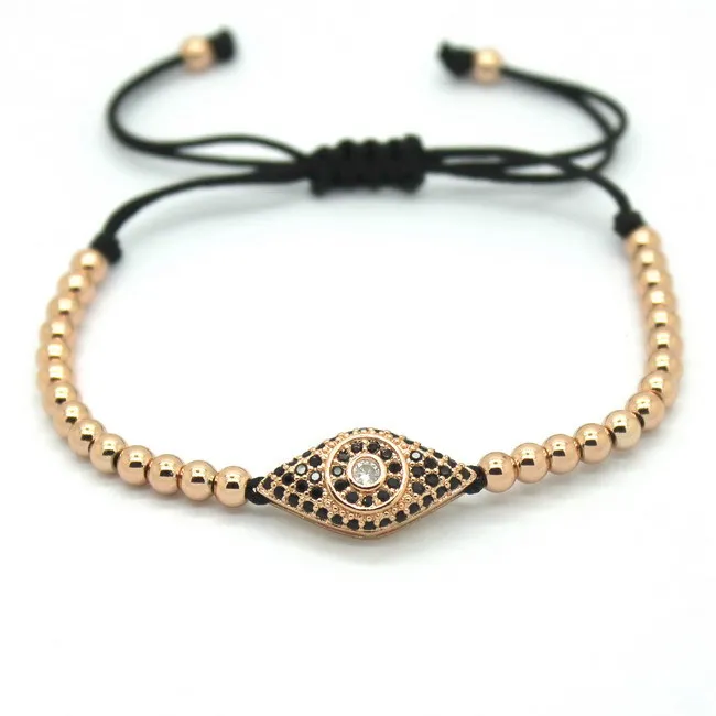 

Famous Men Rose Gold Bracelets,Pave Setting Black CZ Evil Eye Connector & 4mm Round Beads Braiding Fashion Men Macrame Bracelet