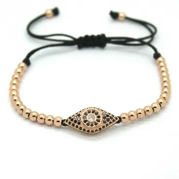 

Famous Men Rose Gold Bracelets,Pave Setting Black CZ Evil Eye Connector & 4mm Round Beads Braiding Fashion Men Macrame Bracelet