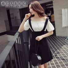 2018 original marca vestido mujer moda a-line off the shoulder casual cintura alta preto e branco vestido de verão as mulheres por atacado