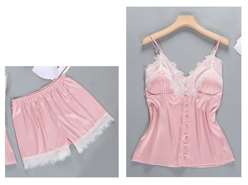 Queenral Pajama Sets Sexy Lingerie Pyjama Femme Summer Women's Sleep Lounge Silk Satin Sleepwear With Chest Pad Nightwear 12