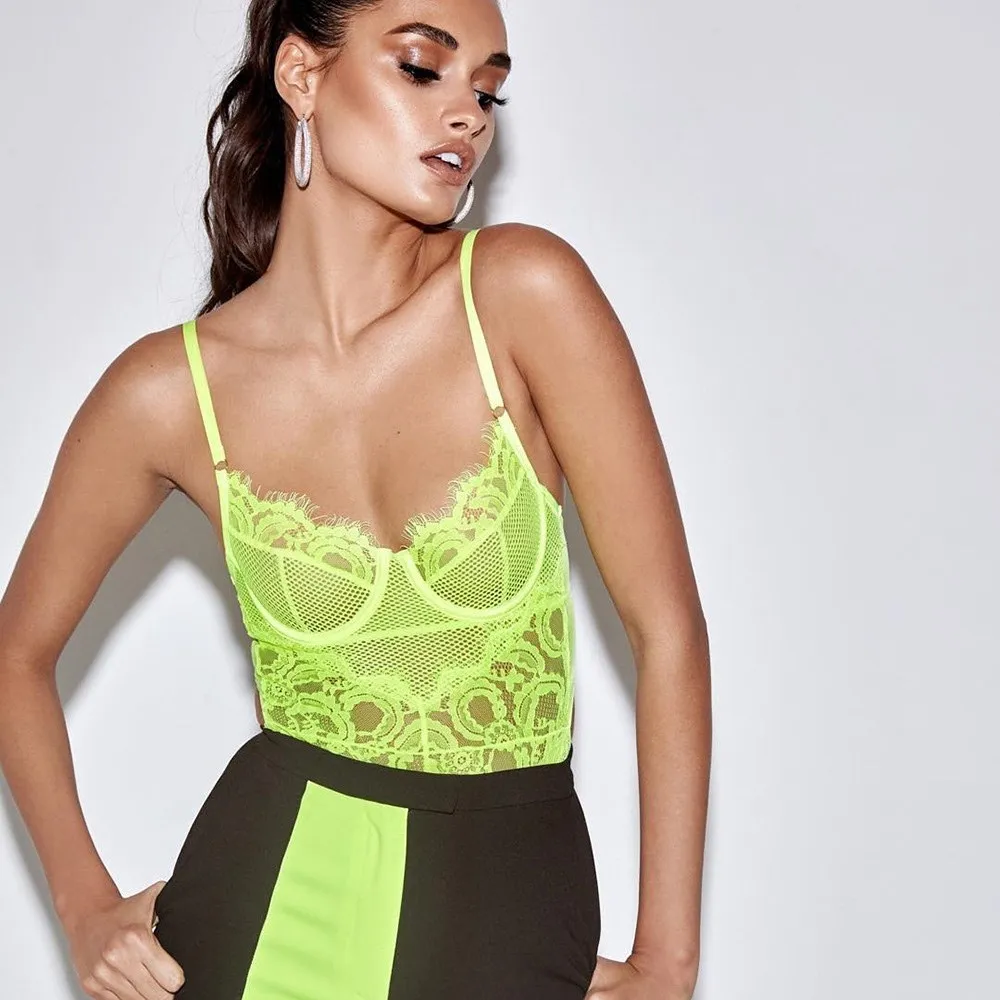 

Hot Sale 2019 Summer Women Fashion Neon Green Lace Bodysuit See-Through Strap Sheer Mesh Sleeveless Sexy Jumpsuit