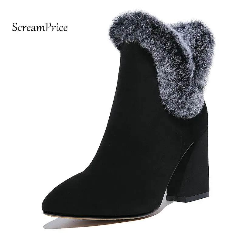 

New Winter Warm Short Plush Suede Hoof High Heel Zipper Woman Ankle Boots Fashion Pointed Toe Ladies Boots Black Green