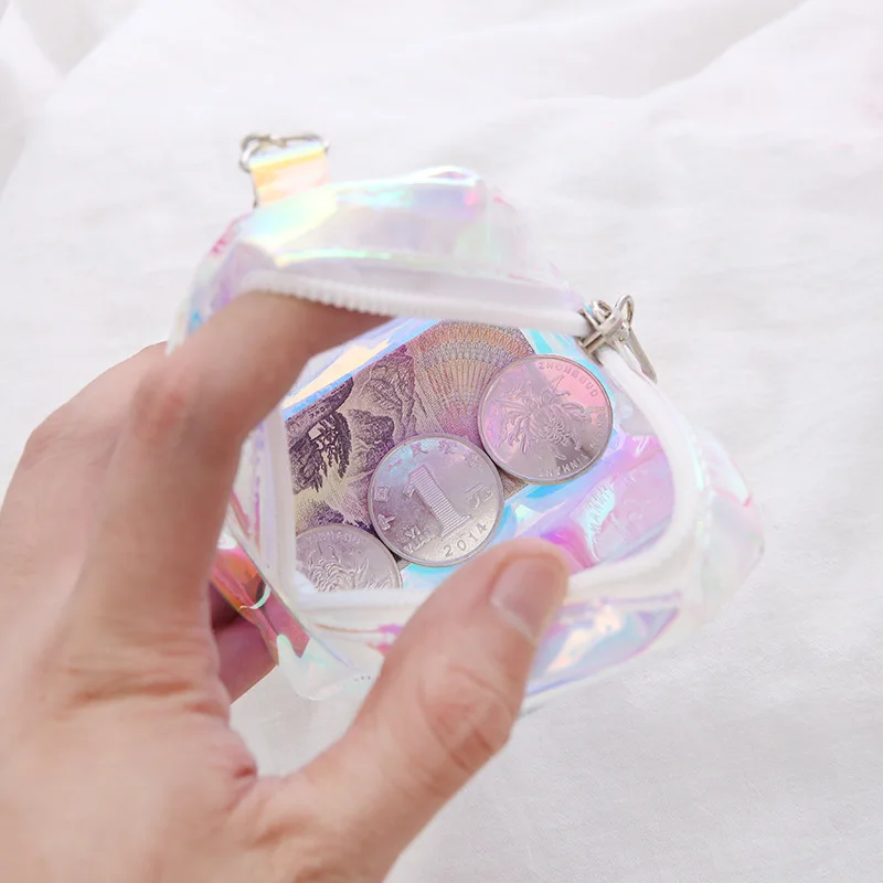 Random Color Flash Heart Coin Purse Laser Small Bag Holographic Women PVC Clear Handbag Girl Card Holder For Kids Purse Keychain