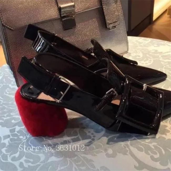 

2018 Women Pumps Luxury Shearling Red Square Fur-Heel Velvet Elegant Big Buckle Point Toe Ankle Strappy Buckle Party Shoes Women