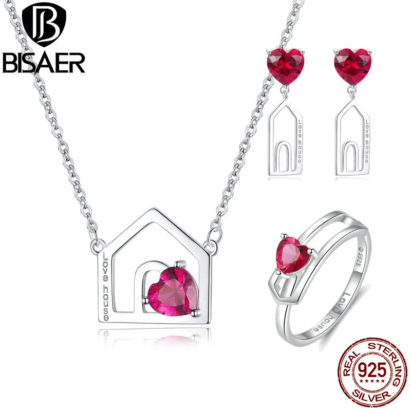 

BISAER 100% 925 Sterling Silver Sweet House Home Shape Women Jewelry Sets Pink Cubic Zircon Silver Jewelry